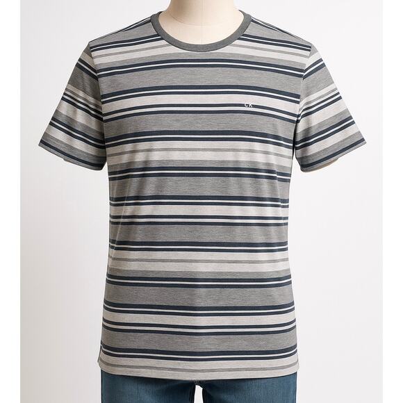 Calvin Klein Jeans Gray & Navy Striped‎ Crew-Neck Cotton T-Shirt Men’s M - Picture 1 of 10